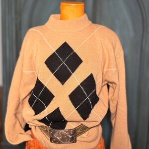Vintage,Lambswool-Angora-Rabbit Blend, Woman's Tan and Black Argyle Sweater